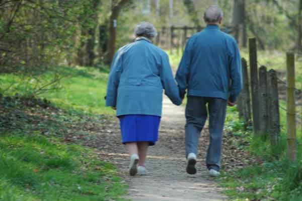 Cessione del quinto - l'immagine rappresenta due anziani, un uomo e una donna, che si tengono per mano e camminano lungo il sentiero di un bosco
