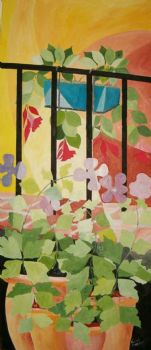quadri moderni online - il quadro moderno rappresenta la ringhiera di un balcone al quale è appeso un vaso blu all'interno del quale vi è una pianta con grandi fiori rossi. in primo piano è raffigurata invece una pianta dai fiori bianchi.